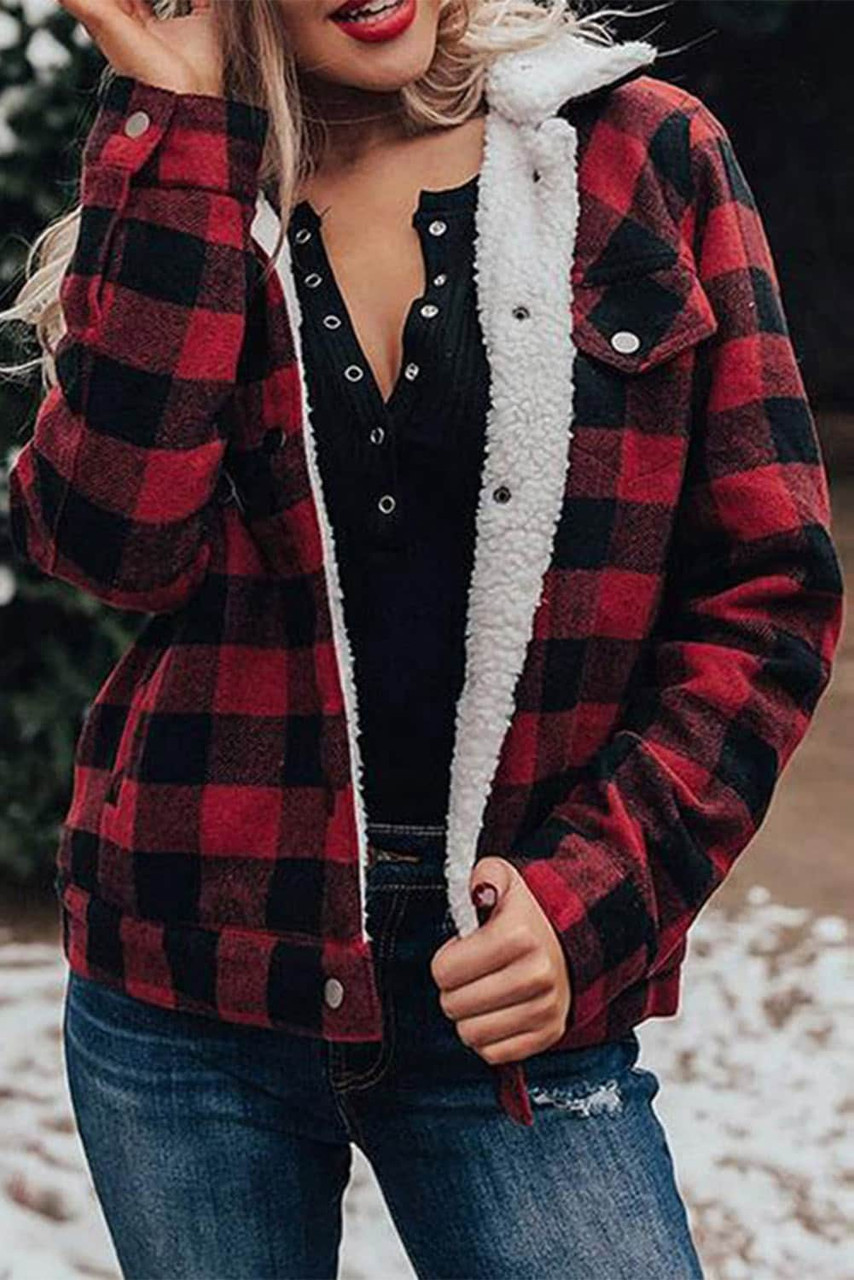 Red Plaid Print Fleece Button Jacket