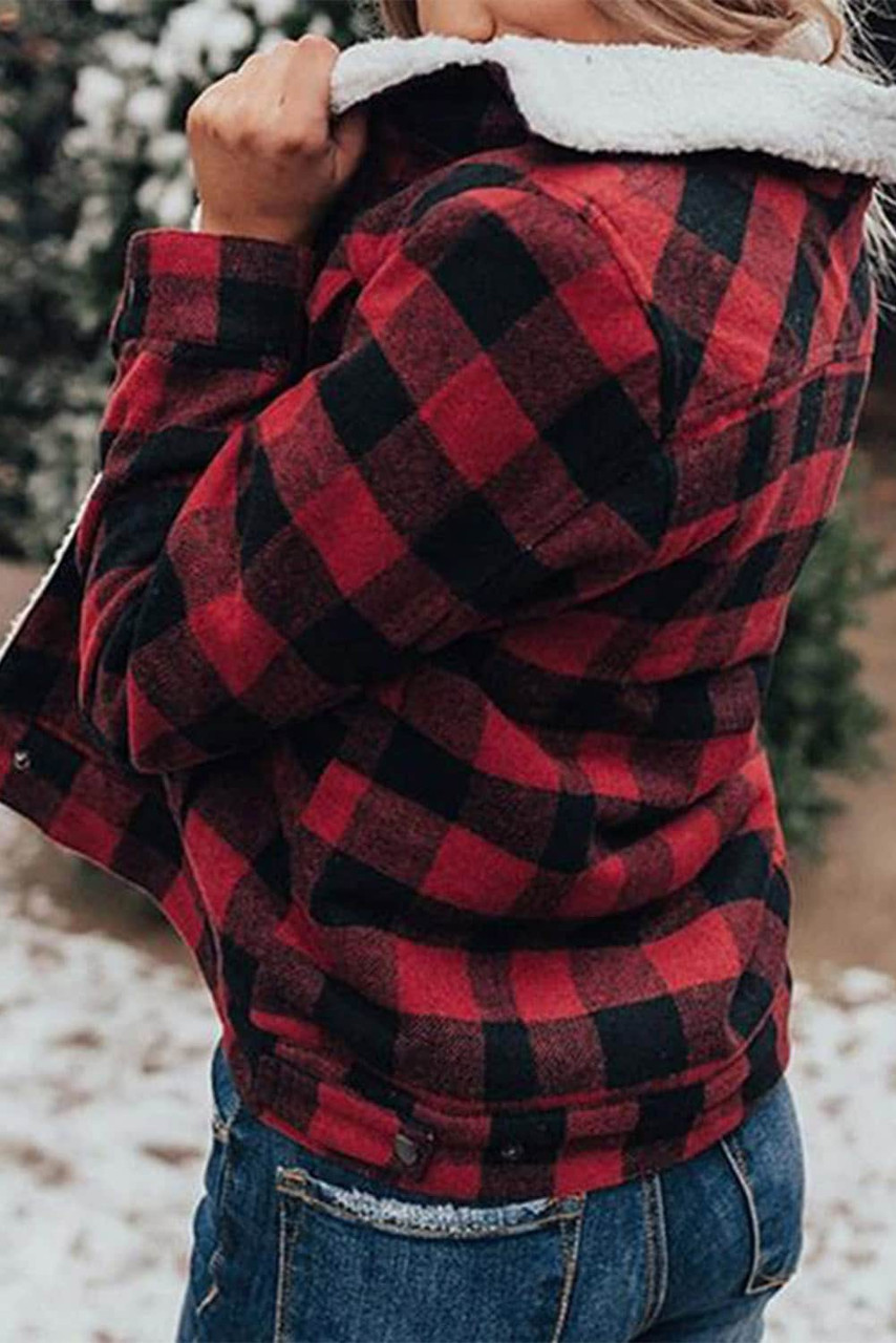 Red Plaid Print Fleece Button Jacket