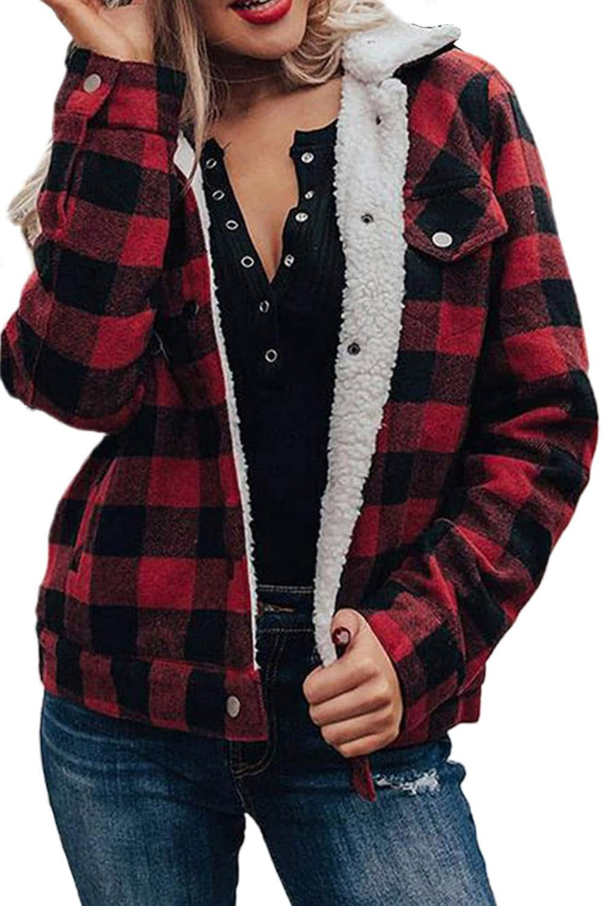 Red Plaid Print Fleece Button Jacket