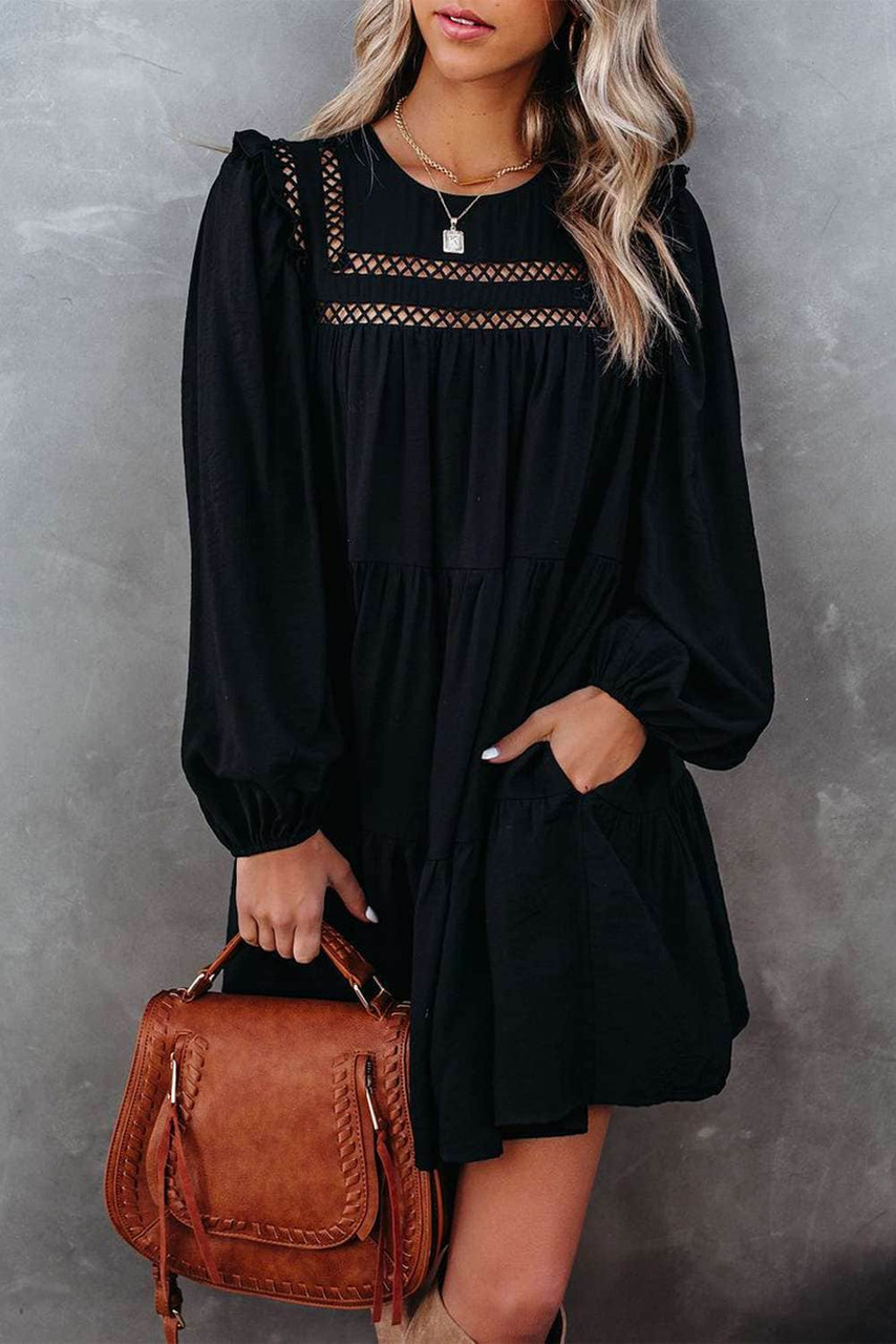 Black Crewneck Lantern Sleeve Hollow-Out Tiered Dress with Pocket