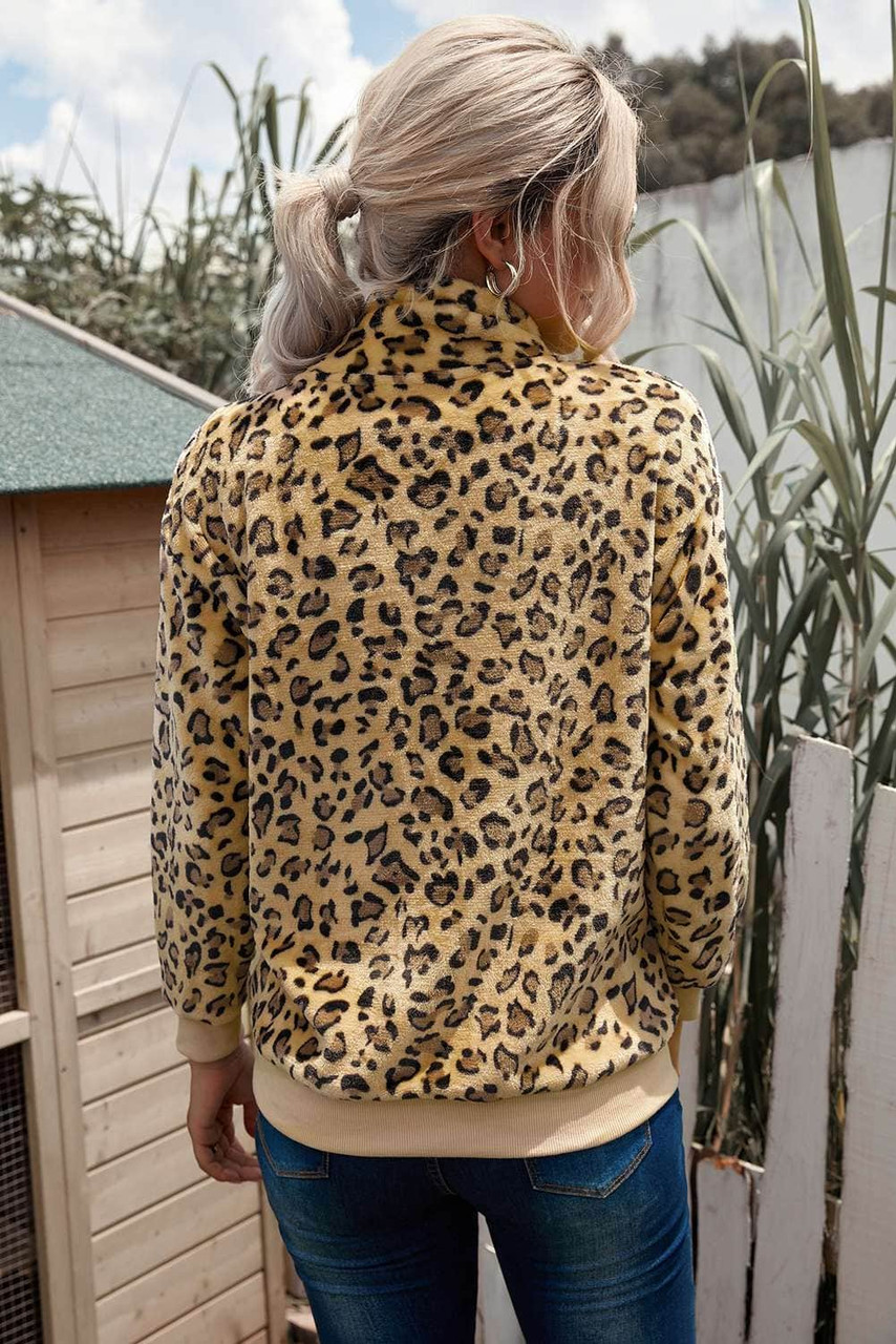 Zip Neck Leopard Fleece Sweatshirt