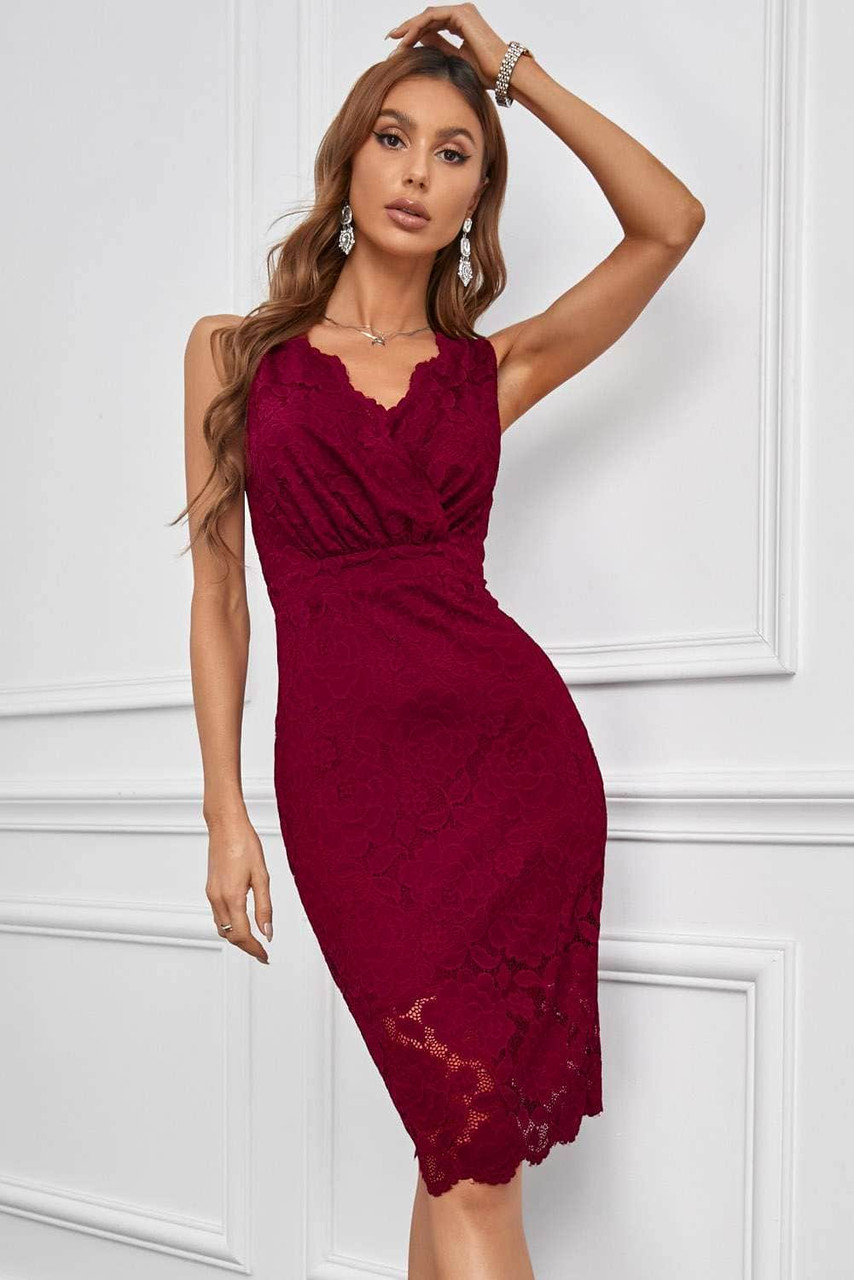 Red Lace Sleeveless Deep V Neck Bodycon Midi Dress