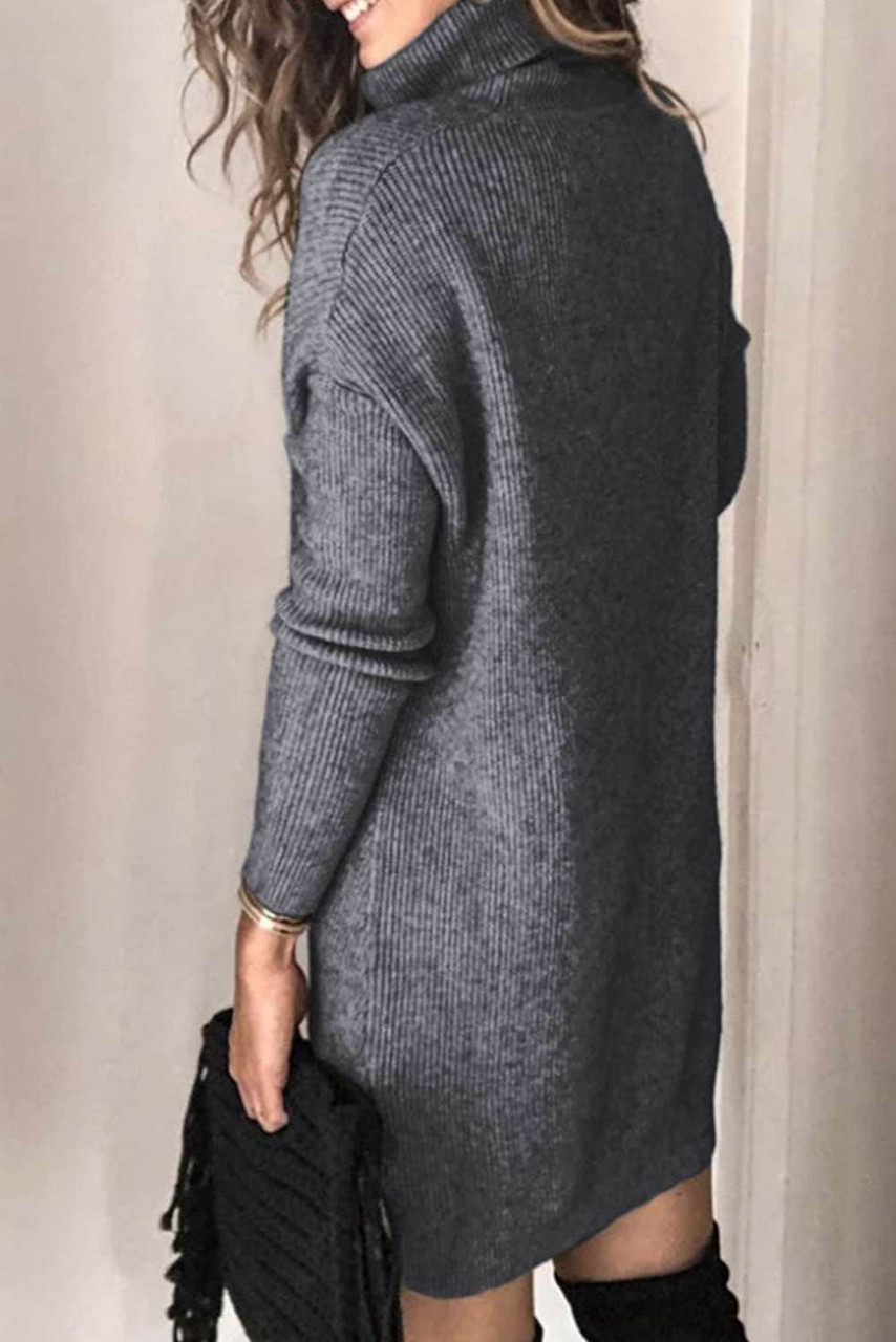 Gray Turtleneck Long Sleeve Knitted Sweater Dress