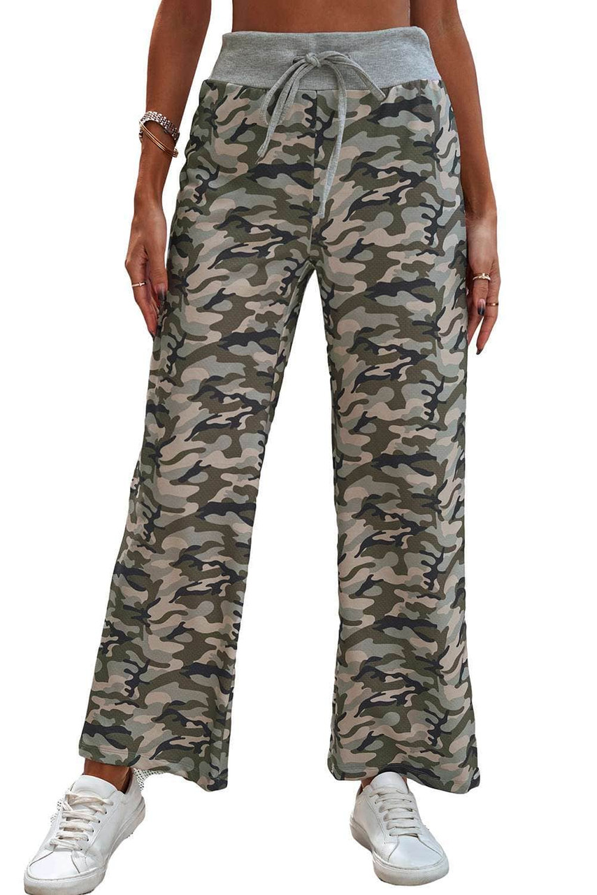 Camouflage Print Drawstring Waist Wide Leg Pants