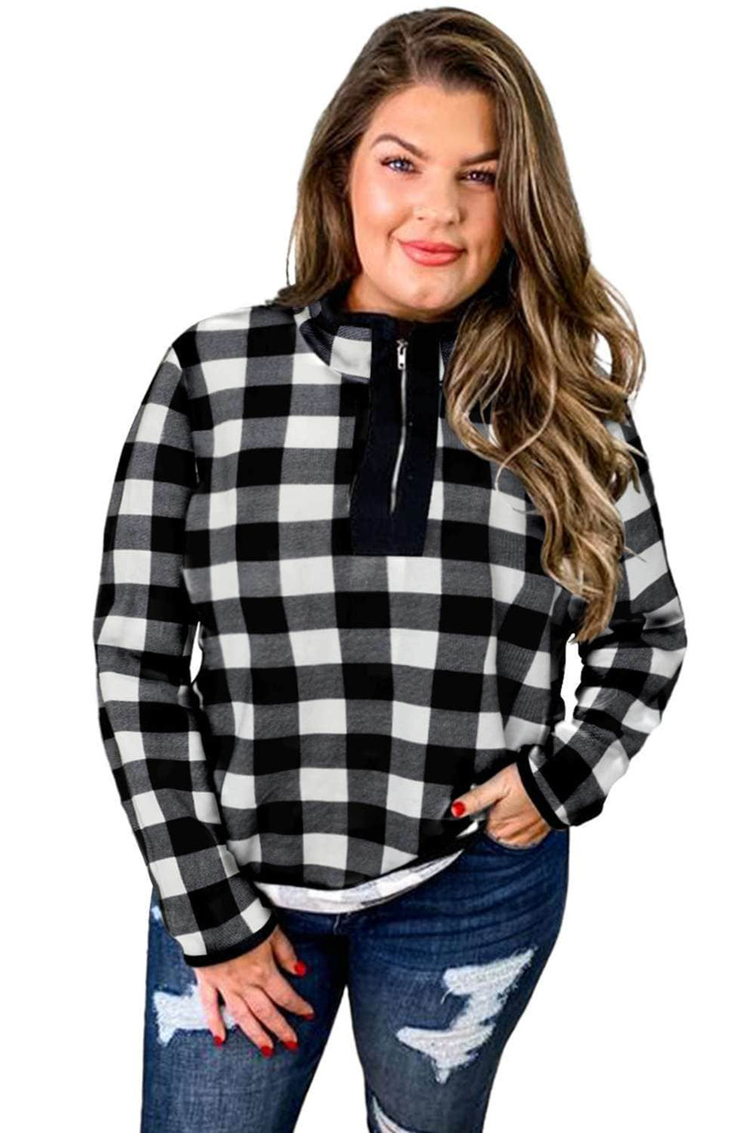 Plaid Print Mock Neck Long Sleeve Zipper Plus Size Sweatshirt