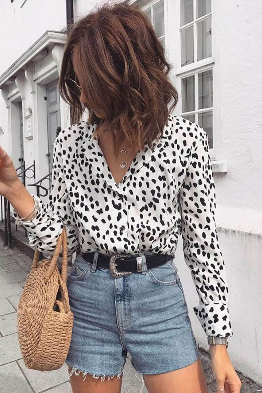 Leopard Print Turn-Down Collar Long Sleeve Blouse