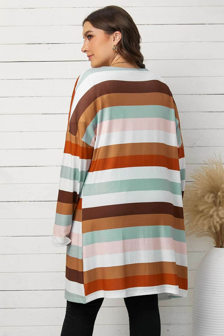 Stripe Print Open Front Plus Size Cardigan with Pocket