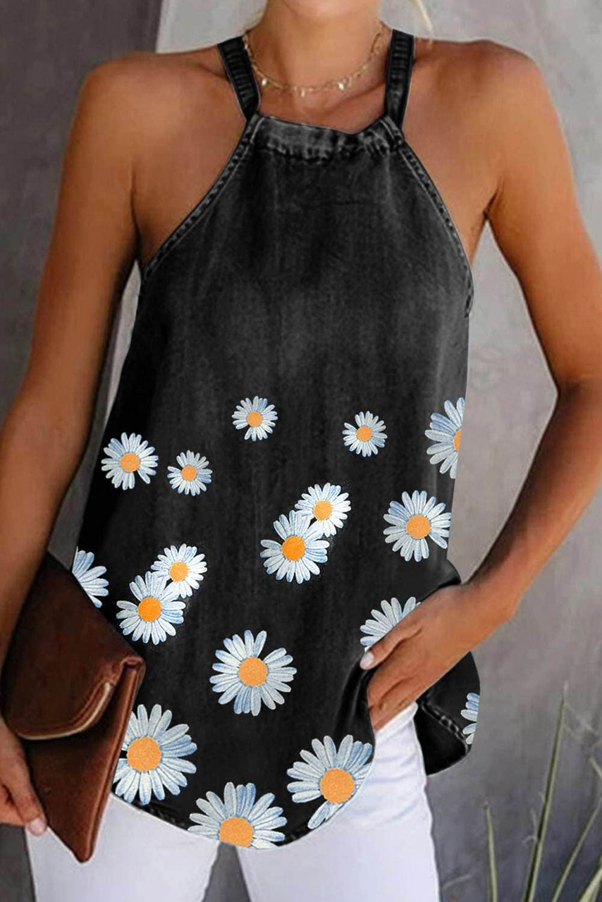Black Daisy Floral Print Halter Denim Tank Tops For Women