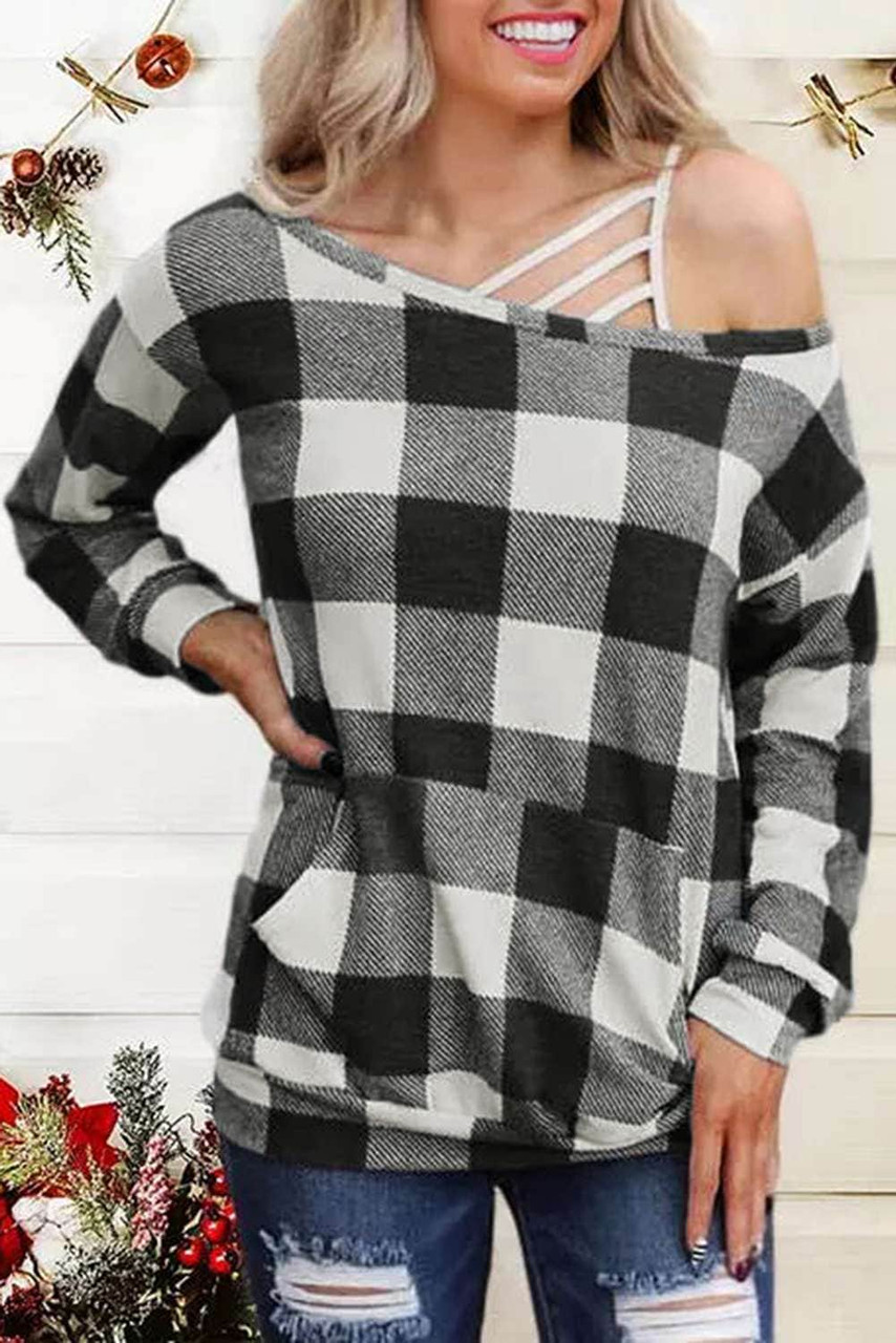 Plaid Kangaroo Pocket Long Sleeve Blouse