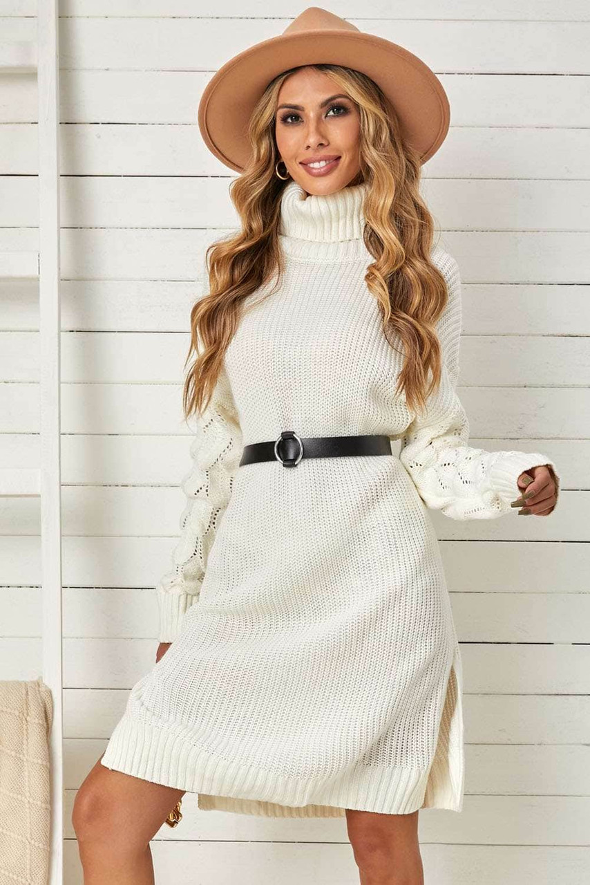 White Plain Turtleneck Sweater Dress with Slits White Plain Turtleneck Sweater Dress with Slits