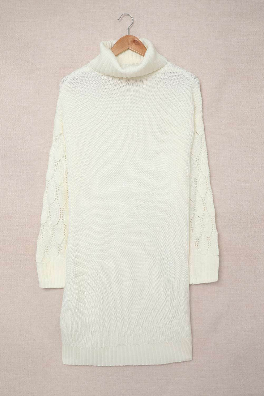 White Plain Turtleneck Sweater Dress with Slits