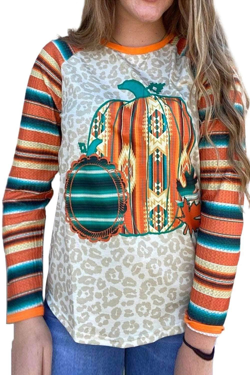 Serape Halloween Pumpkin Leopard Long Sleeve Top