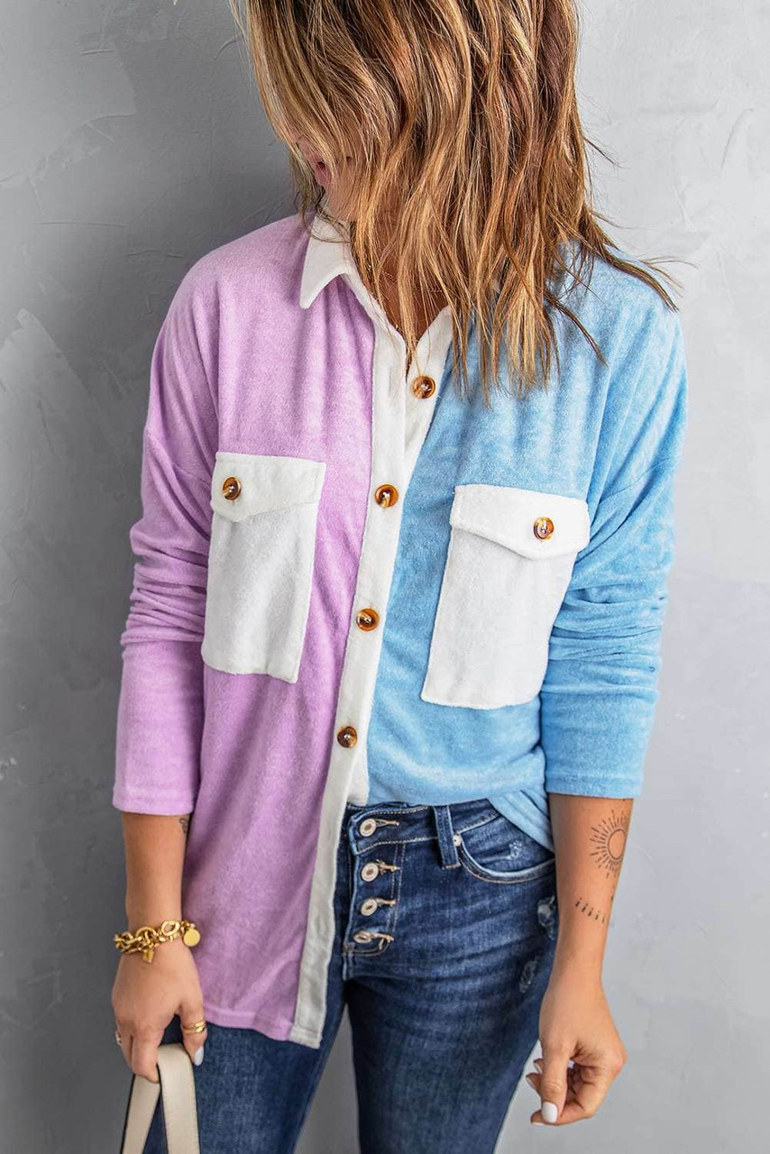 Multicolor Colorblock Fleece Pockets Buttoned Shirt