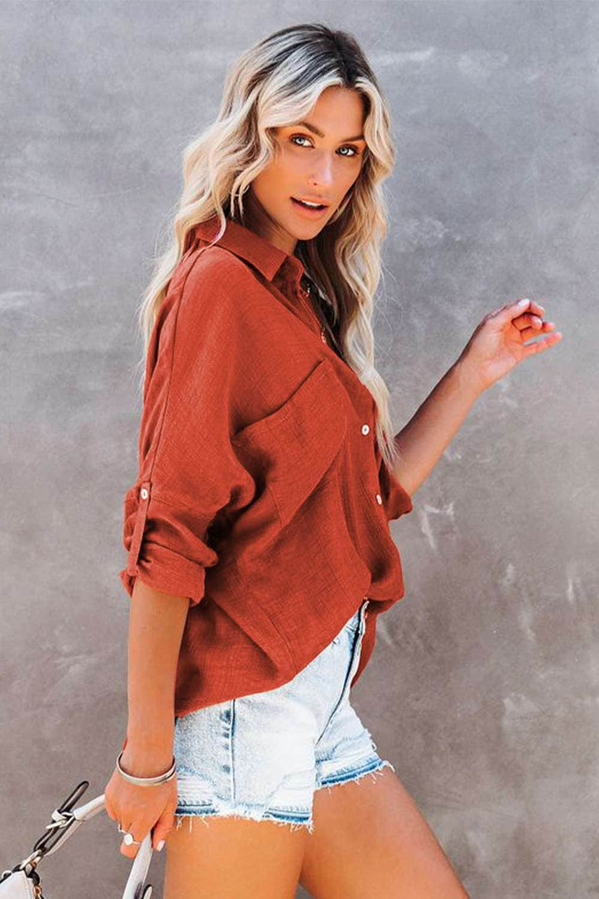 Red Loose Long Sleeve Buttoned Shirt with Pocket