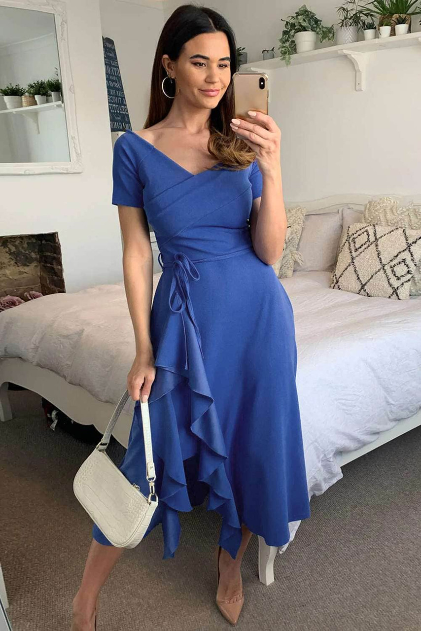 Blue V Neck Short Sleeve Ruffle Belted Midi Dress