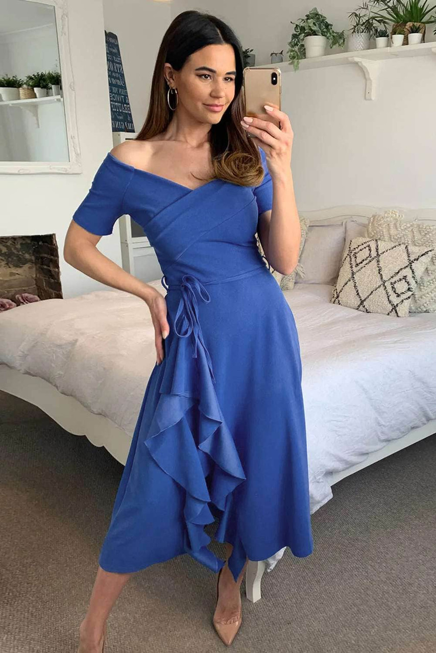 Blue V Neck Short Sleeve Ruffle Belted Midi Dress