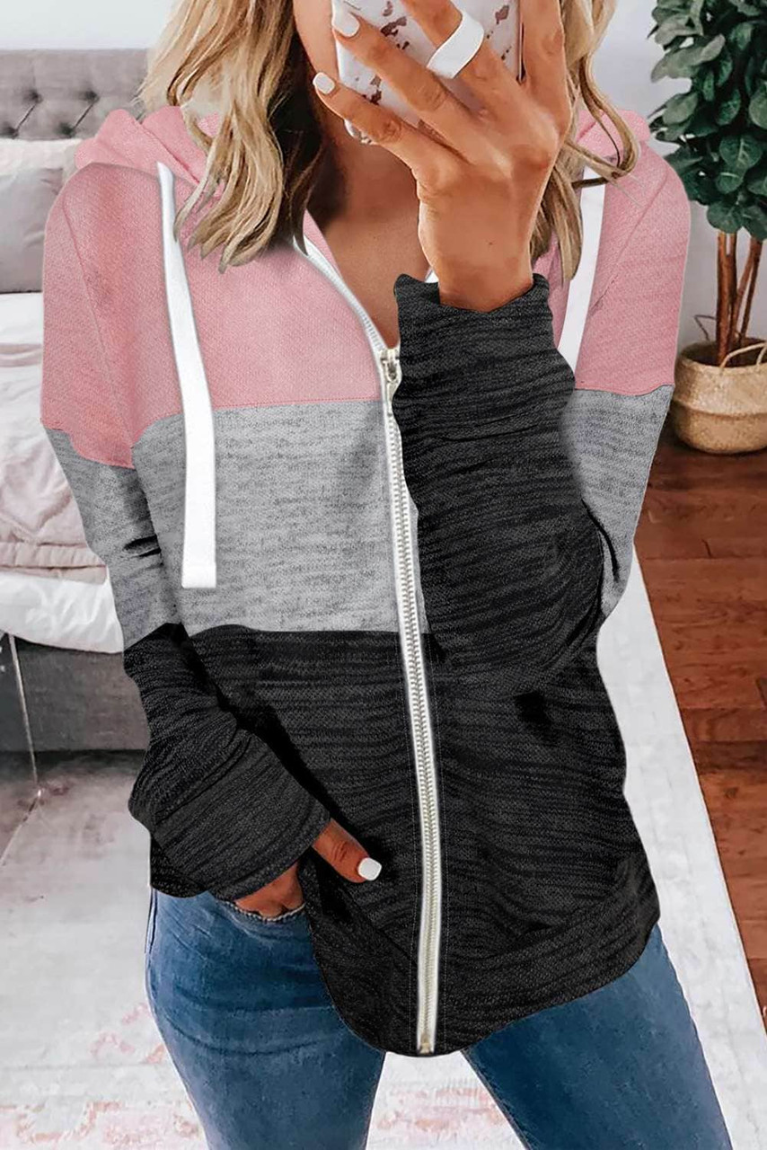 Pink Colorblock Zip Front Hooded Coat Pink Colorblock Zip Front Hooded Coat