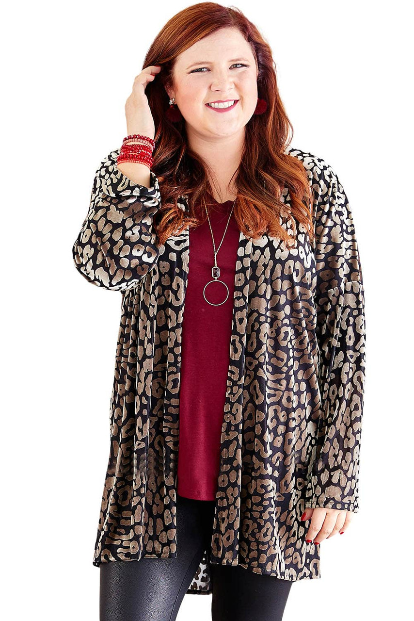 Leopard Print Open Front Plus Size Cardigan