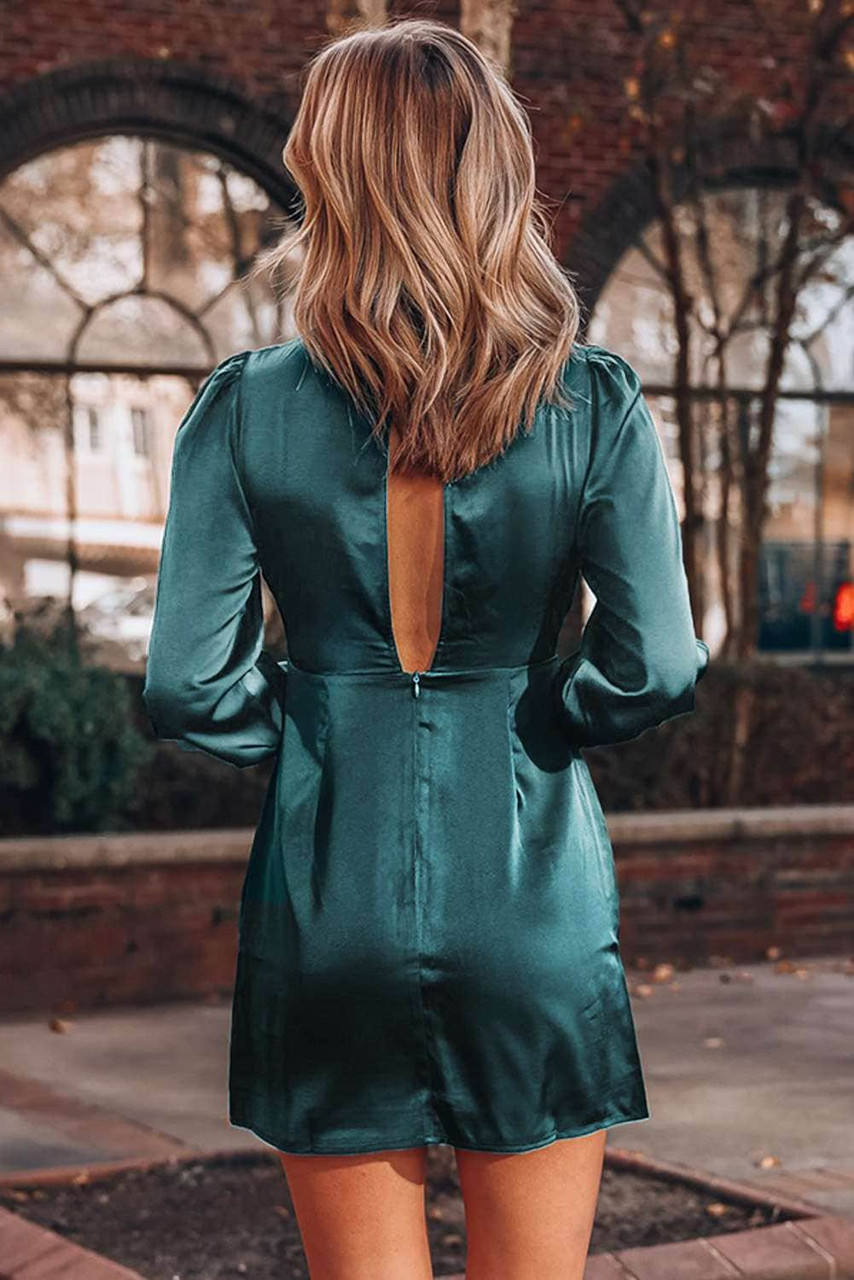 Green Deep V Neck Twist Satin Mini Dress