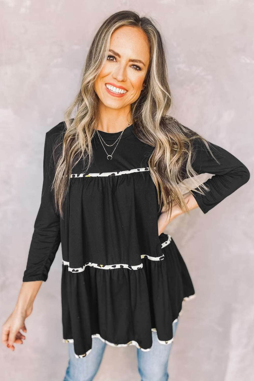 Black Leopard Splicing Ruffle Long Sleeve Top