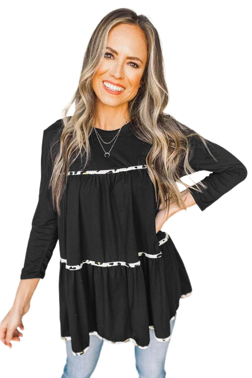 Black Leopard Splicing Ruffle Long Sleeve Top