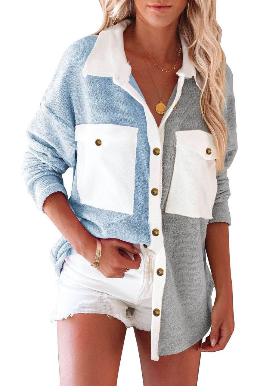 Sky Blue Colorblock Fleece Pockets Buttoned Shirt