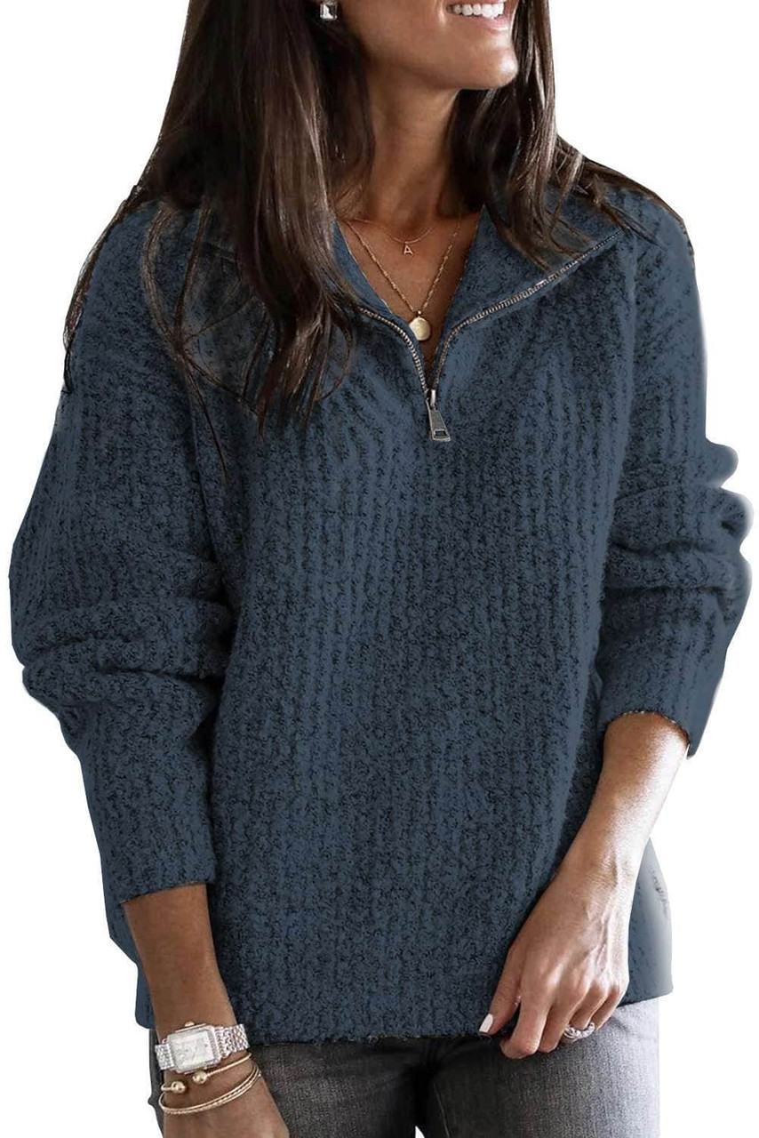 Blue Zip Neck Knitted Sweater