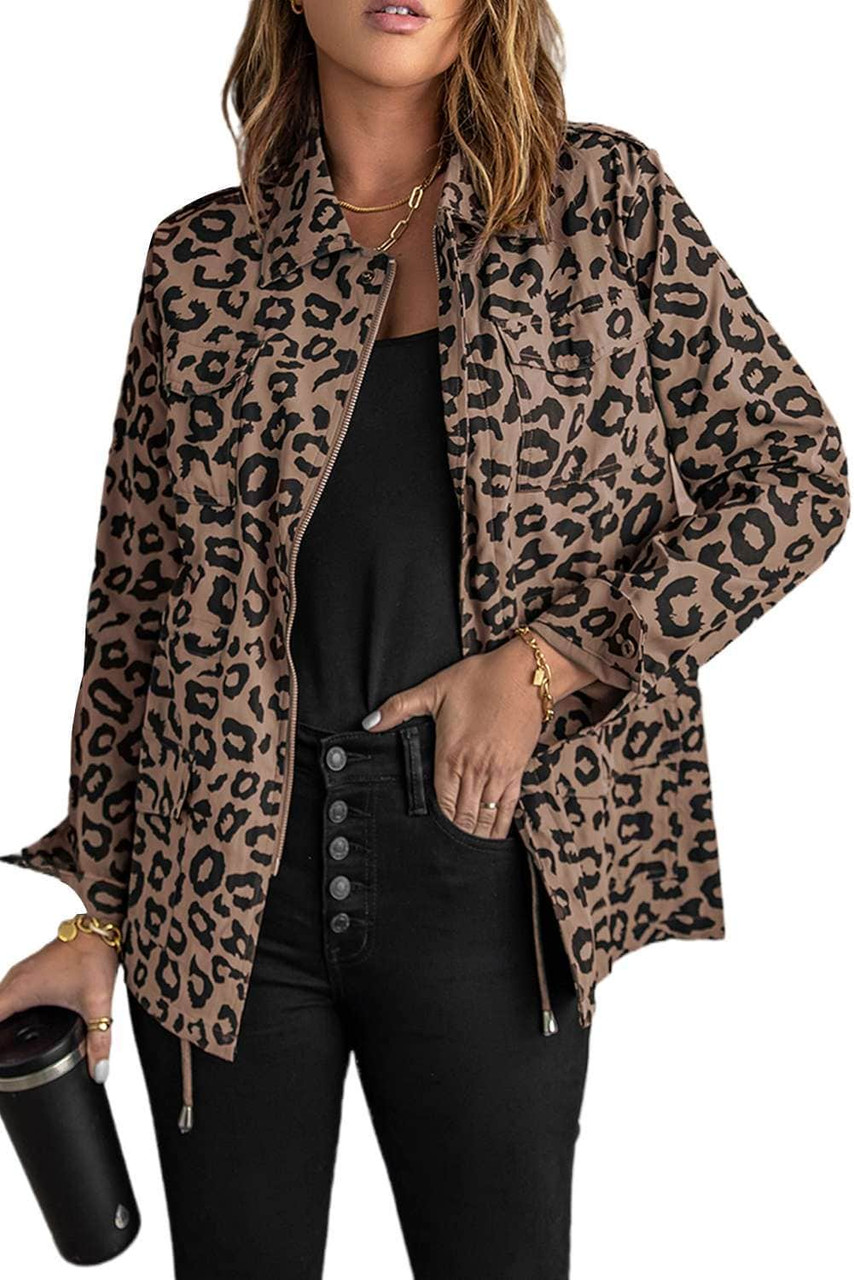 Brown Lapel Collar Zipper Drawstring Leopard Coat