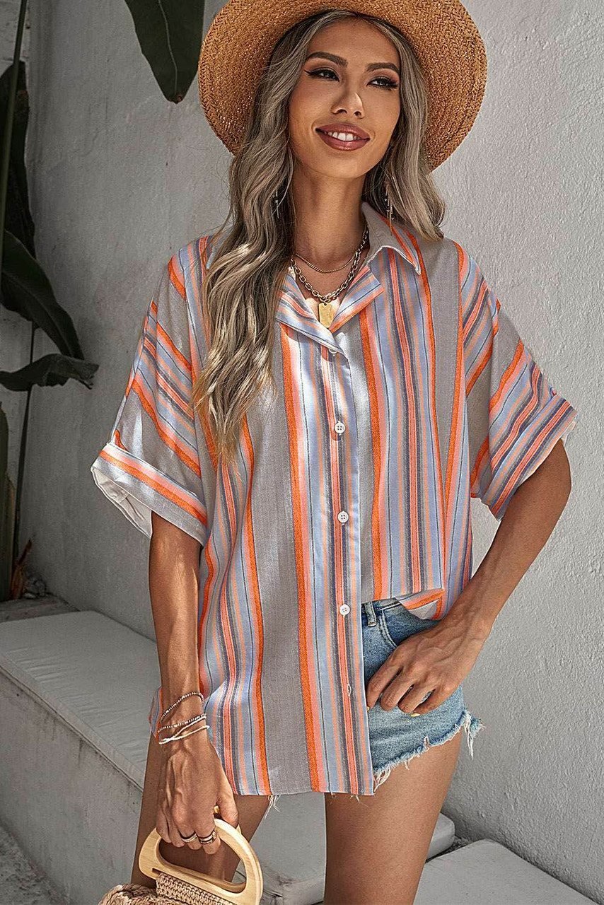 Gray Button Striped Short Sleeves Shirt