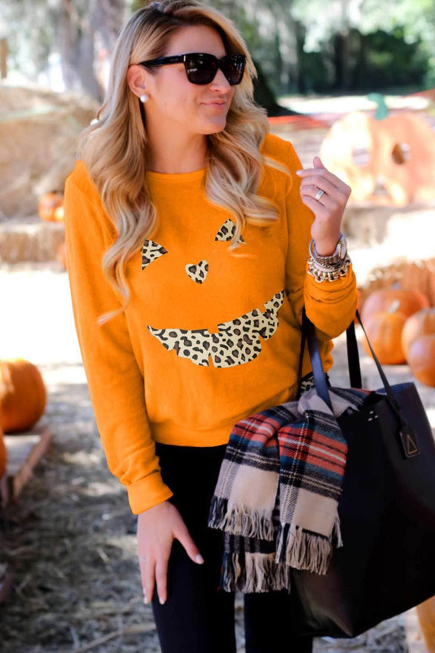 Orange Halloween Leopard Pumpkin Print Pullover Sweatshirt