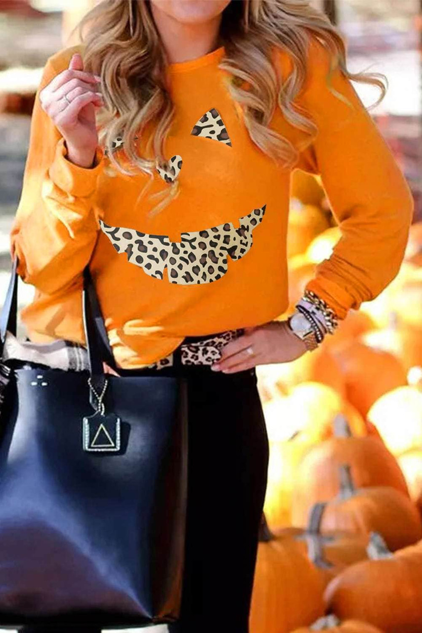 Orange Halloween Leopard Pumpkin Print Pullover Sweatshirt