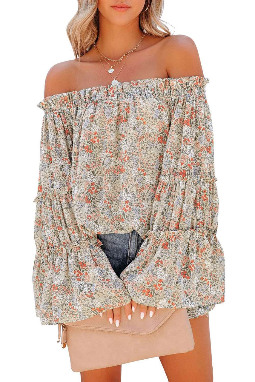 Floral Print Off The Shoulder Ruffled Bell Sleeve Blouse