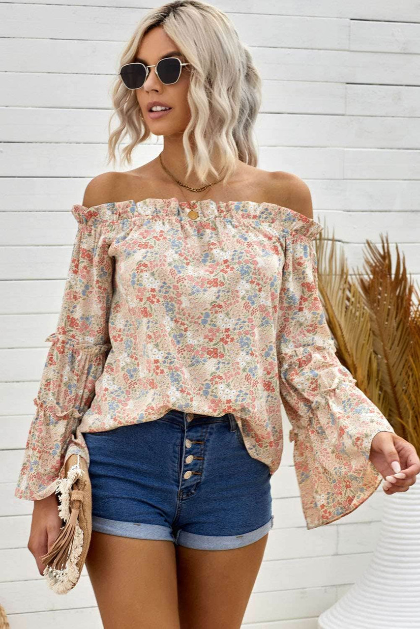 Floral Print Off The Shoulder Ruffled Bell Sleeve Blouse