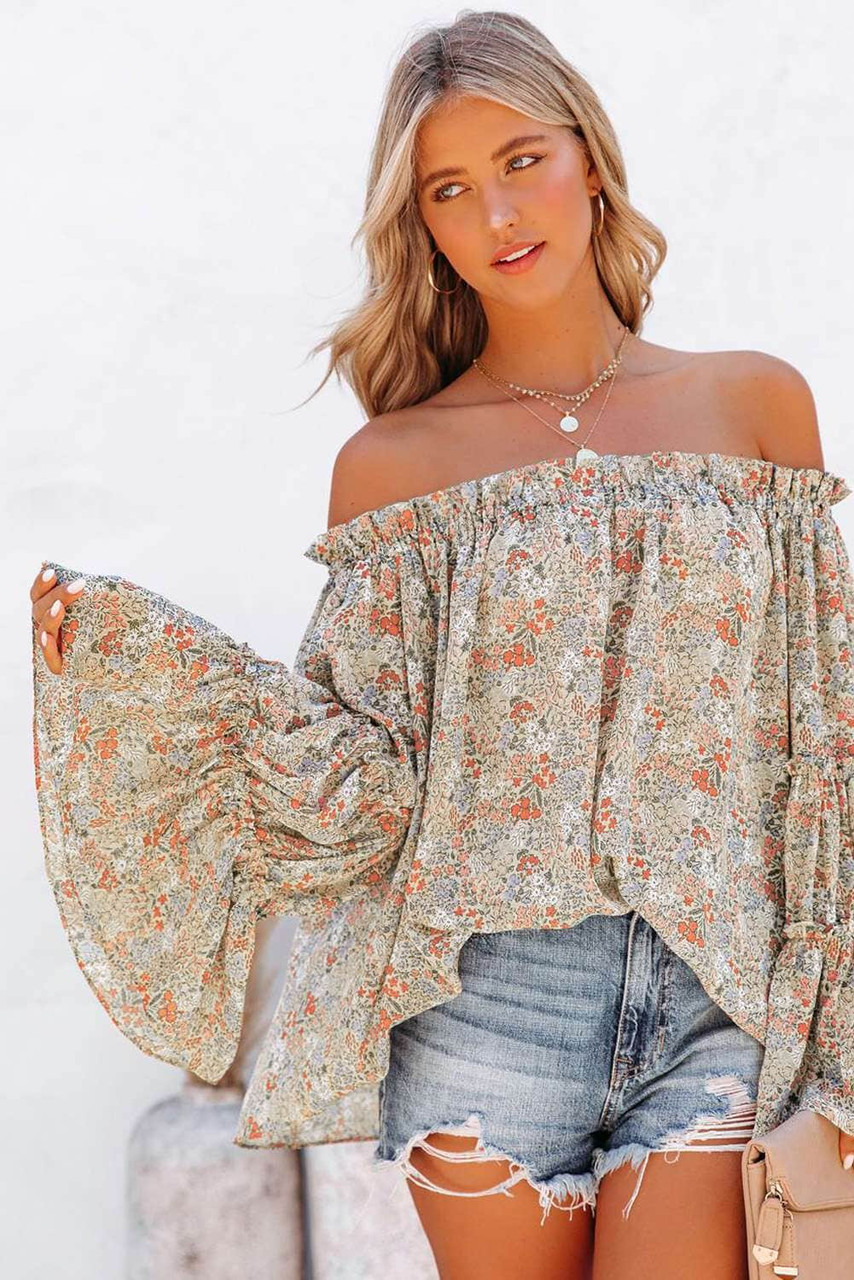 Floral Print Off The Shoulder Ruffled Bell Sleeve Blouse