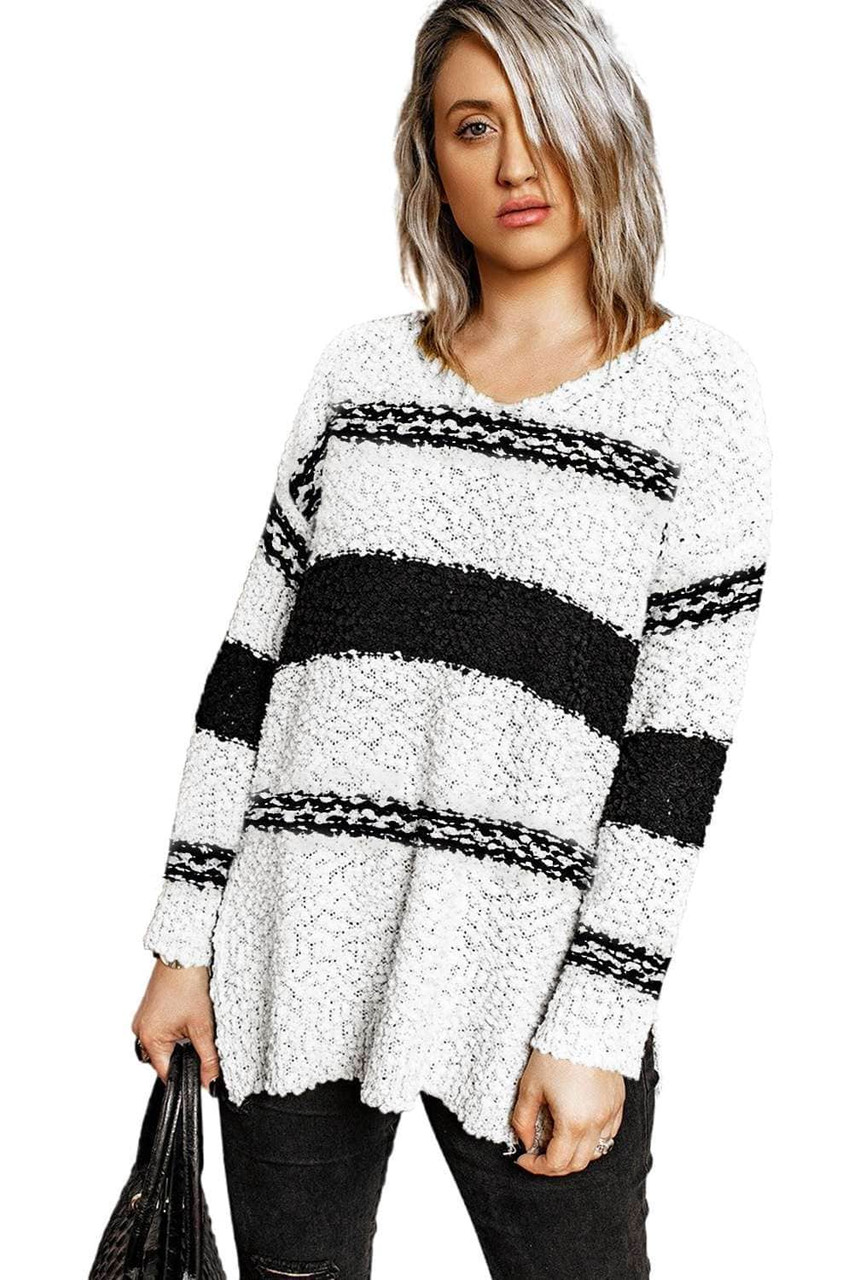 Striped Colorblock V Neck Long Sleeve Knitted Sweater