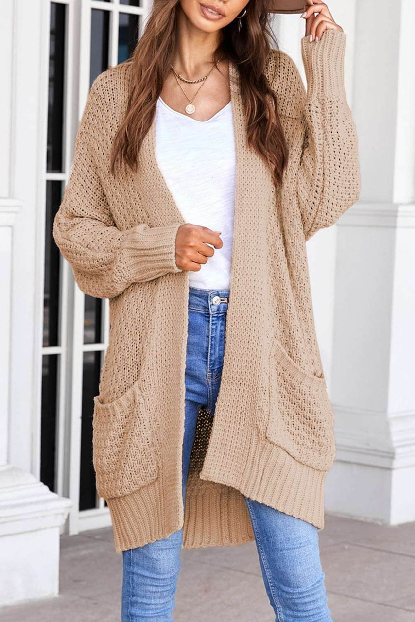 Khaki Open Front Pocket Casual Knitted Cardigan