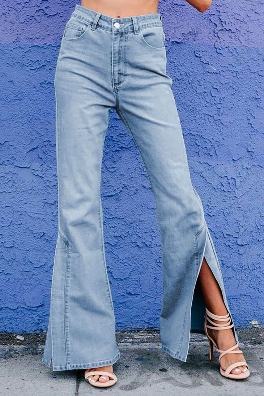 Sky Blue Wide Leg Split Hemline Flared Jeans