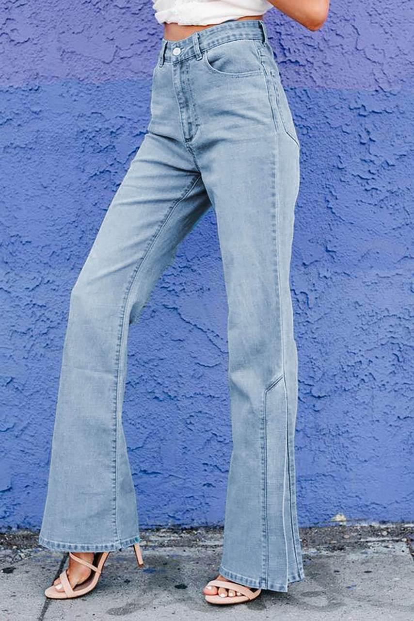 Sky Blue Wide Leg Split Hemline Flared Jeans