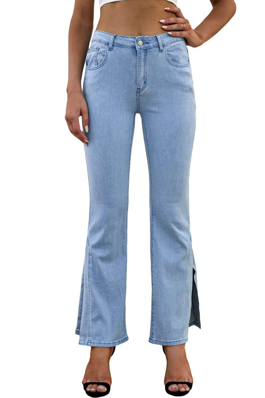 Sky Blue Wide Leg Split Hemline Flared Jeans