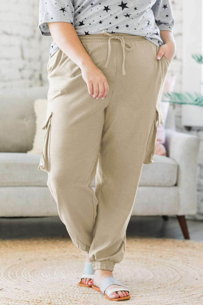 Khaki Elastic Waist Side Pocket Plus Size Jogger Pants