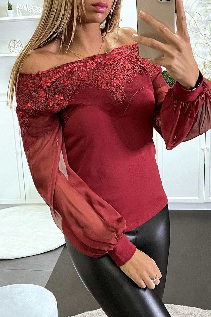 Red Off The Shoulder Lace Sheer Puff Sleeve Blouse