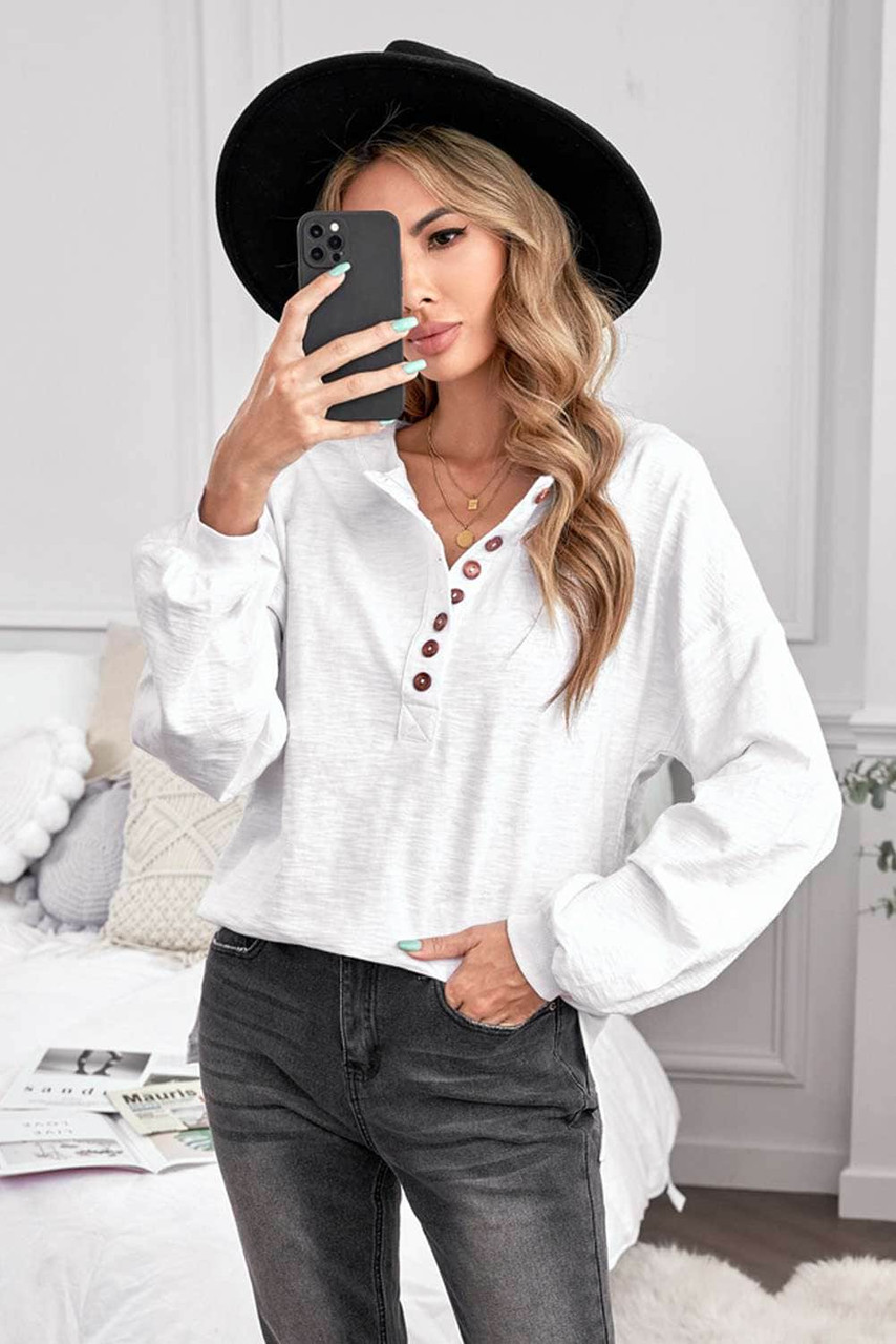 White Solid Color Buttoned Front Long Sleeve Top