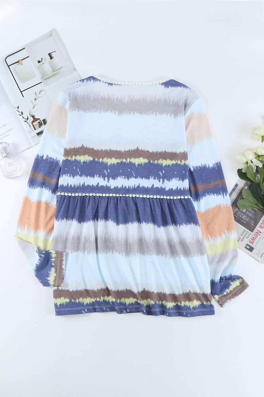 Tie-dyed Print Pom Pom Trim Long Sleeve Top