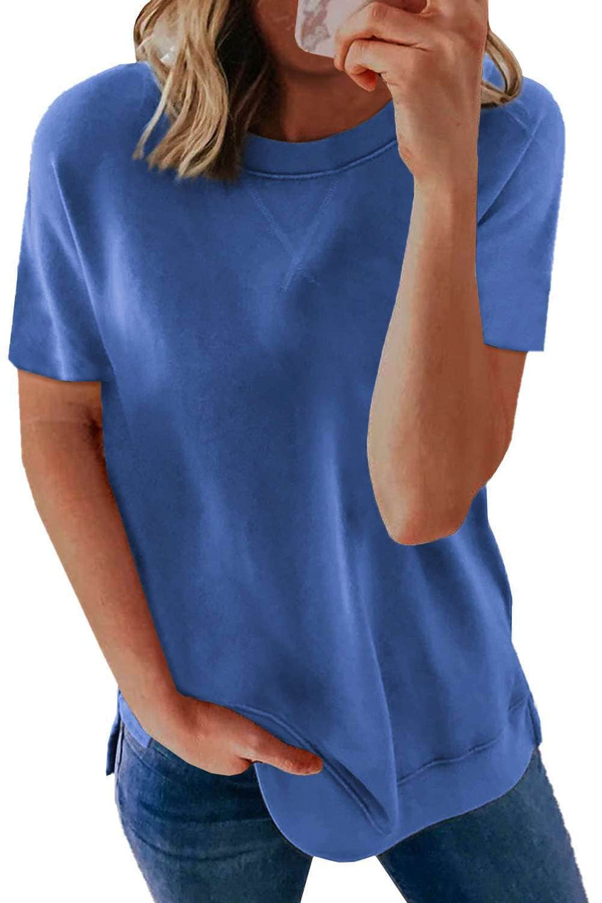 Blue Round Neck Short Sleeve Solid Color Tee