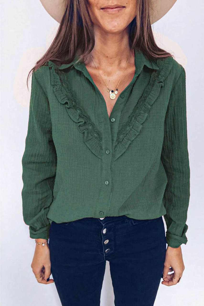 Green Ruffles Crinkled Long Sleeve Shirt