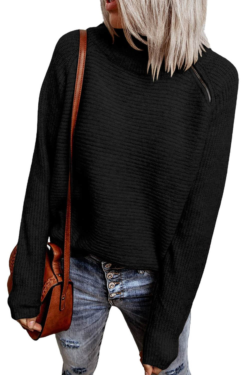 Black Zip Knitted High Neck Sweater