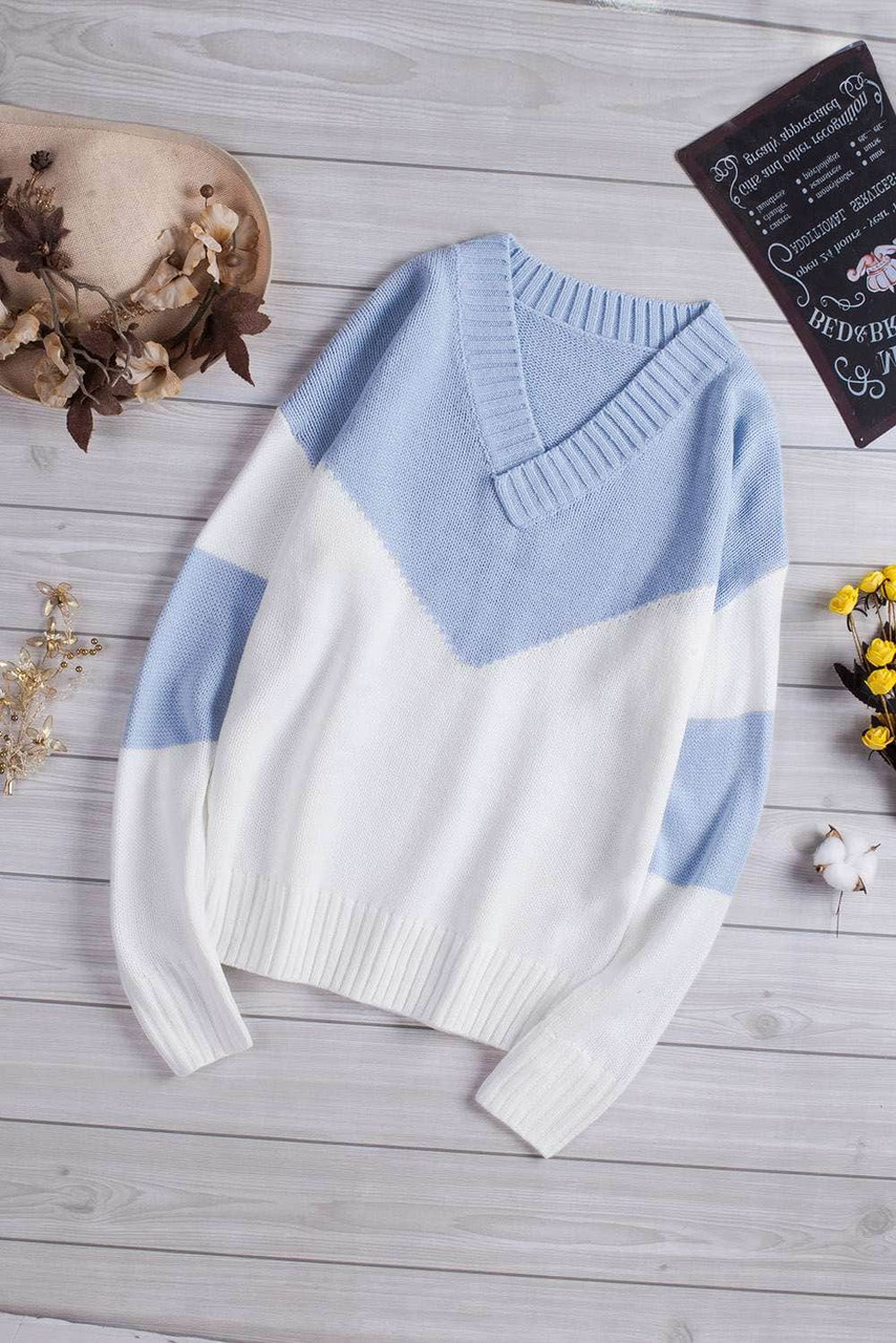 Sky Blue Colorblock V Neck Casual Sweater