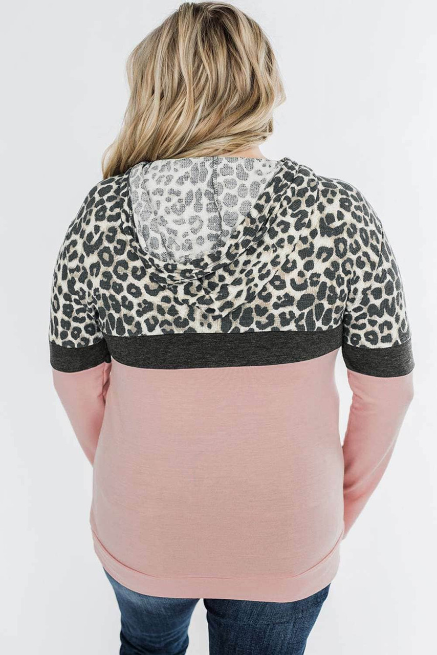 Pink Leopard Patchwork Drawstring Plus Size Hoodie With Pocket