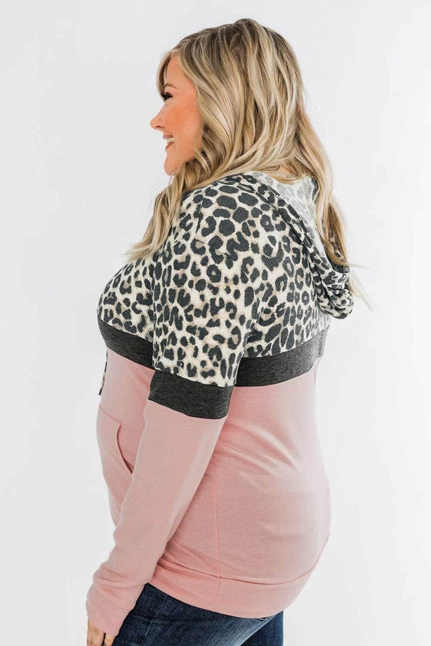 Pink Leopard Patchwork Drawstring Plus Size Hoodie With Pocket