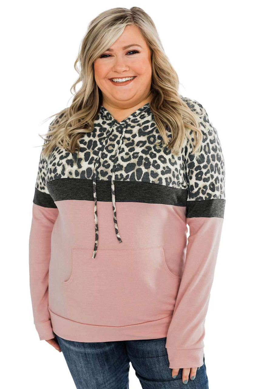 Pink Leopard Patchwork Drawstring Plus Size Hoodie With Pocket